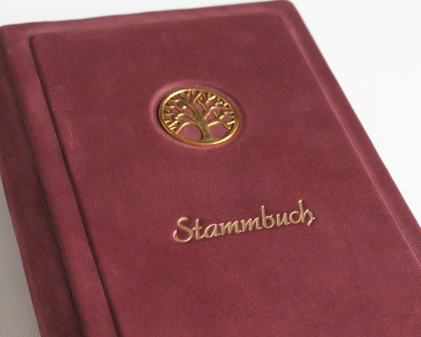 Stammbuch "Goldene Lebensbaum" aus weinrotem Nubukleder